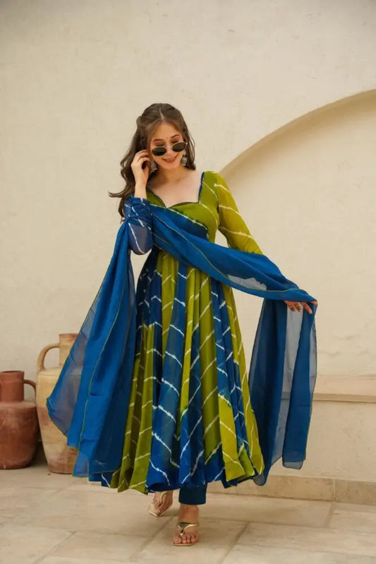 ZAIRA  BLUE & GREEN LEHERIYA SET