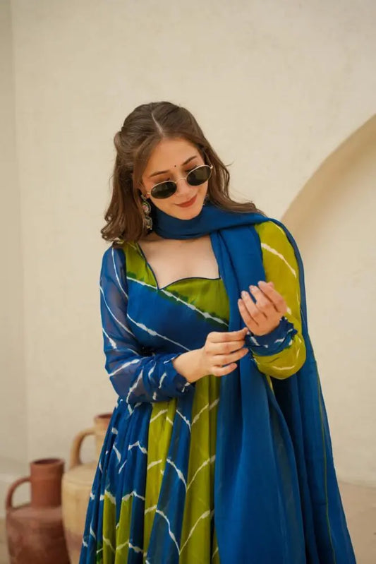 ZAIRA  BLUE & GREEN LEHERIYA SET